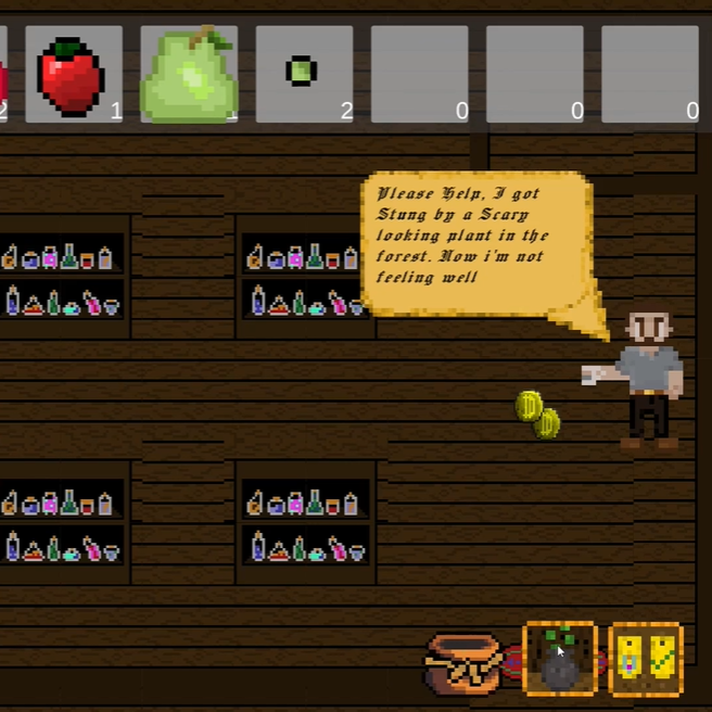 Pixel art potion shop interior with customer and inventory display